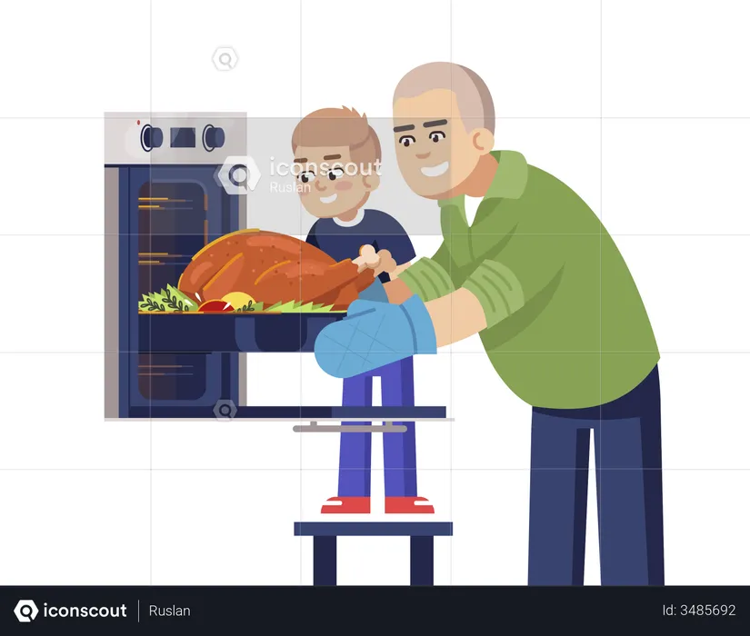 Father And Son Baking Meat In Oven  Illustration