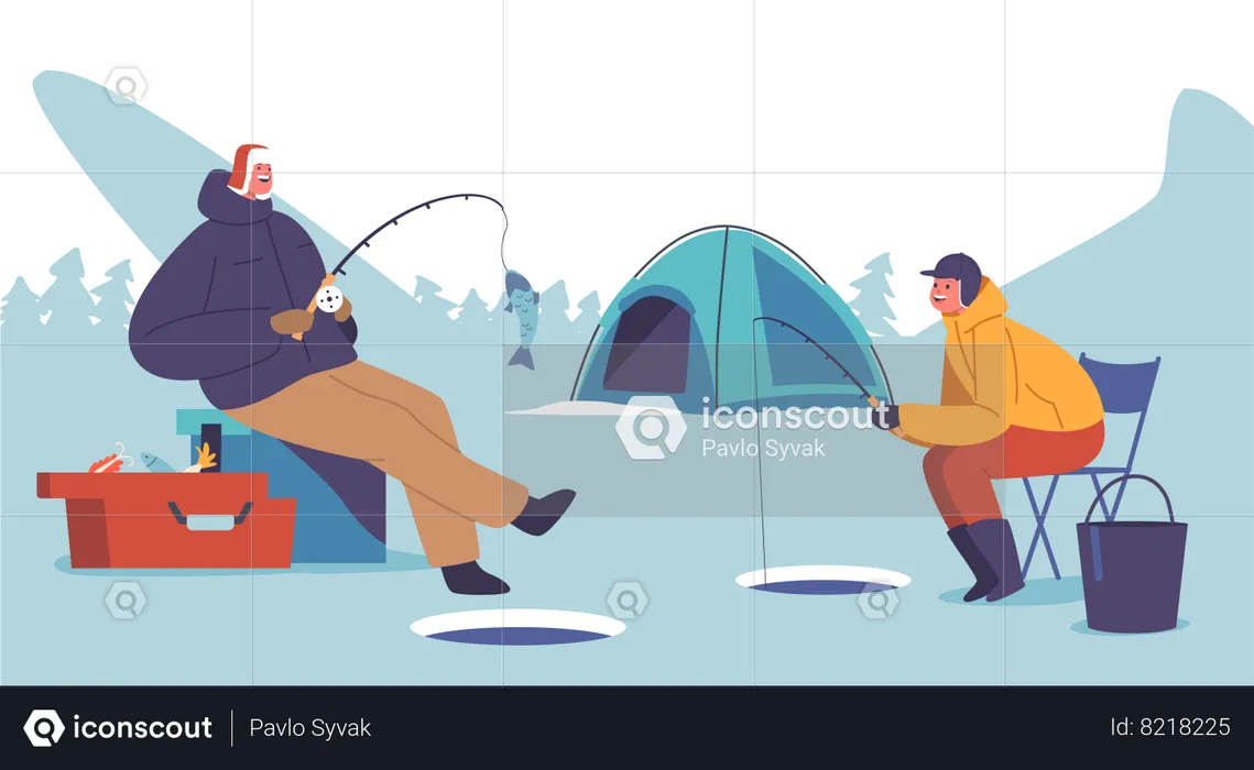 Father And Son Bonding On Serene Winter Fishing Trip  Illustration