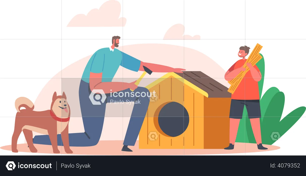 Father and son building Dog house  Illustration