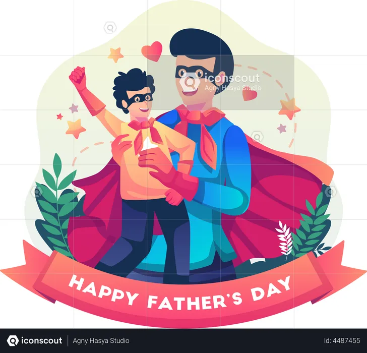 Father and son celebrate Father's Day with both dressed in superhero costumes  Illustration