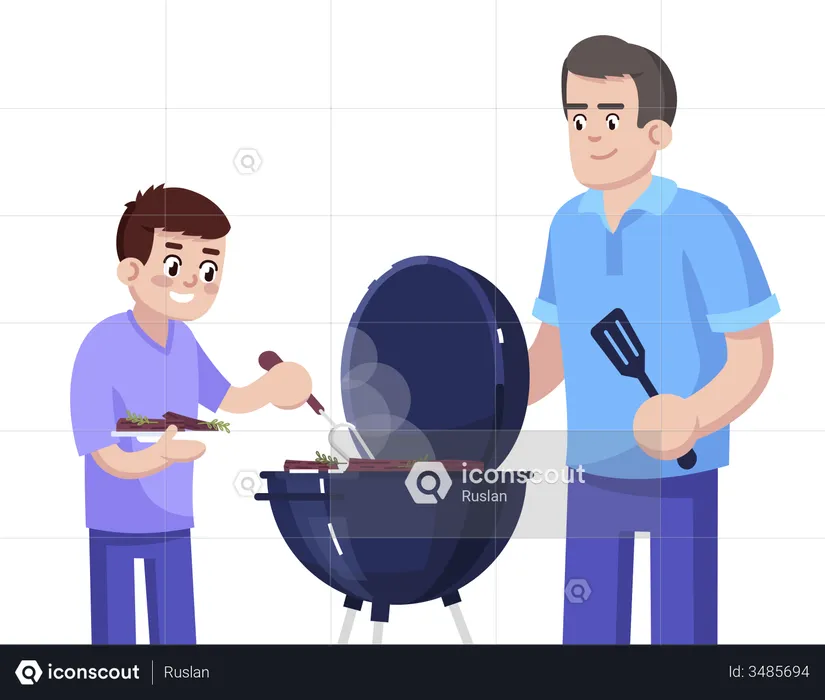 Father And Son Cooking Barbecue Together  Illustration