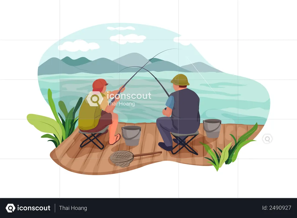 Father and son doing fishing  Illustration