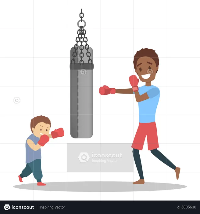 Father and son dressed in sportswear boxing  Illustration