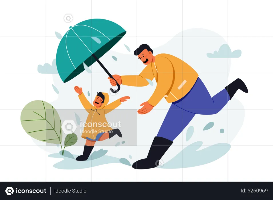 Father and son enjoying rain Fathers Day  Illustration