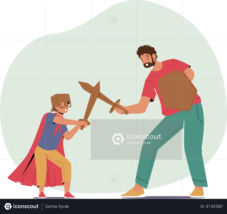Father and Son Fighting on Wooden Swords  Illustration