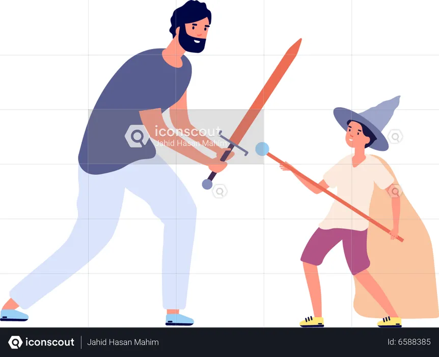 Father and Son Fighting on Wooden Swords  Illustration