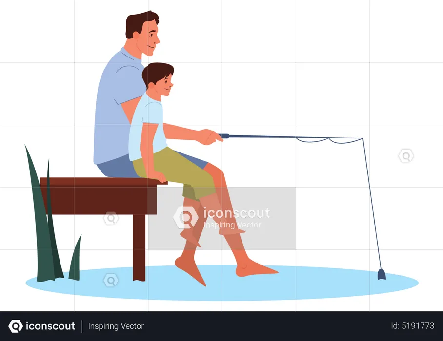 Father and son fishing together  Illustration