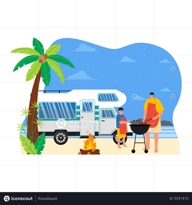 Father and son frying marshmallow on beach  Illustration