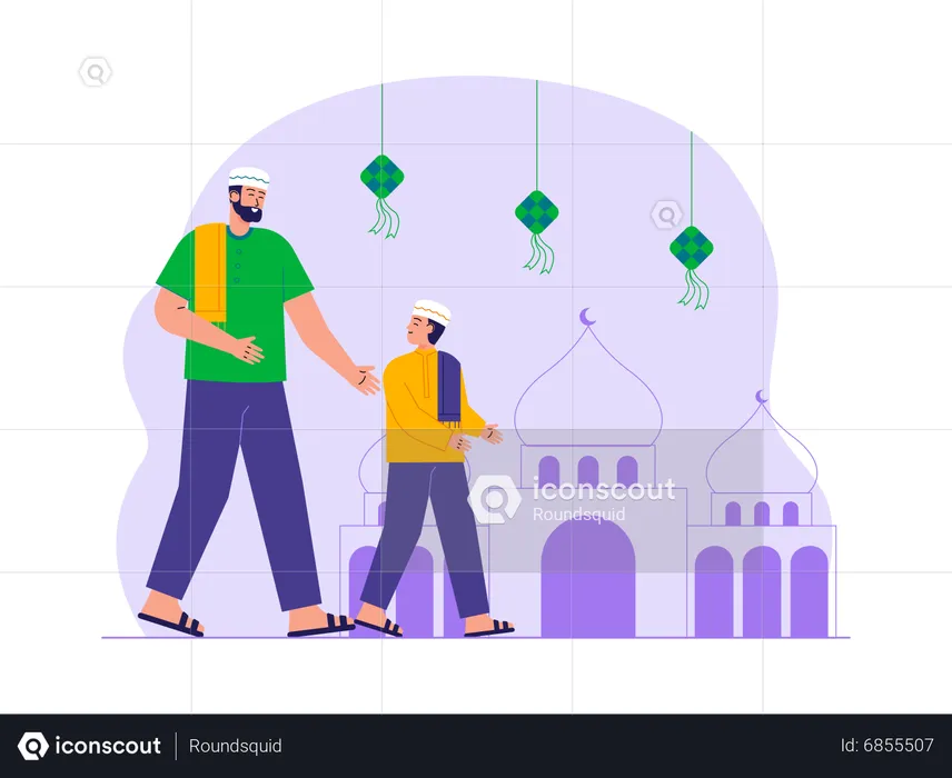 Father and son going to mosque  Illustration