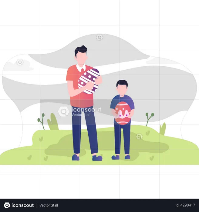 Father and son holding easter egg  Illustration