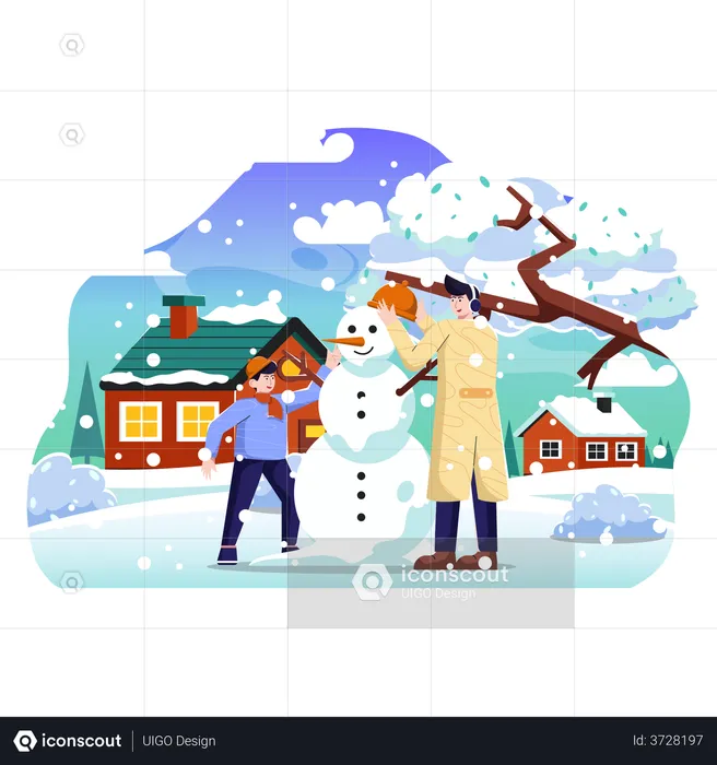 Father and son making snowman  Illustration