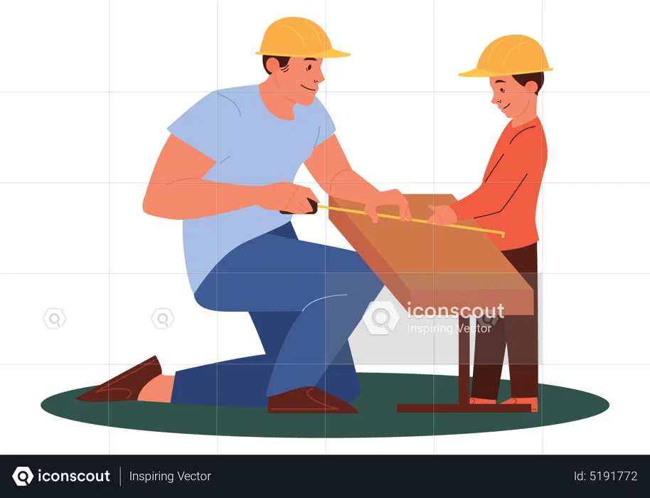 Father and son measuring wood piece  Illustration
