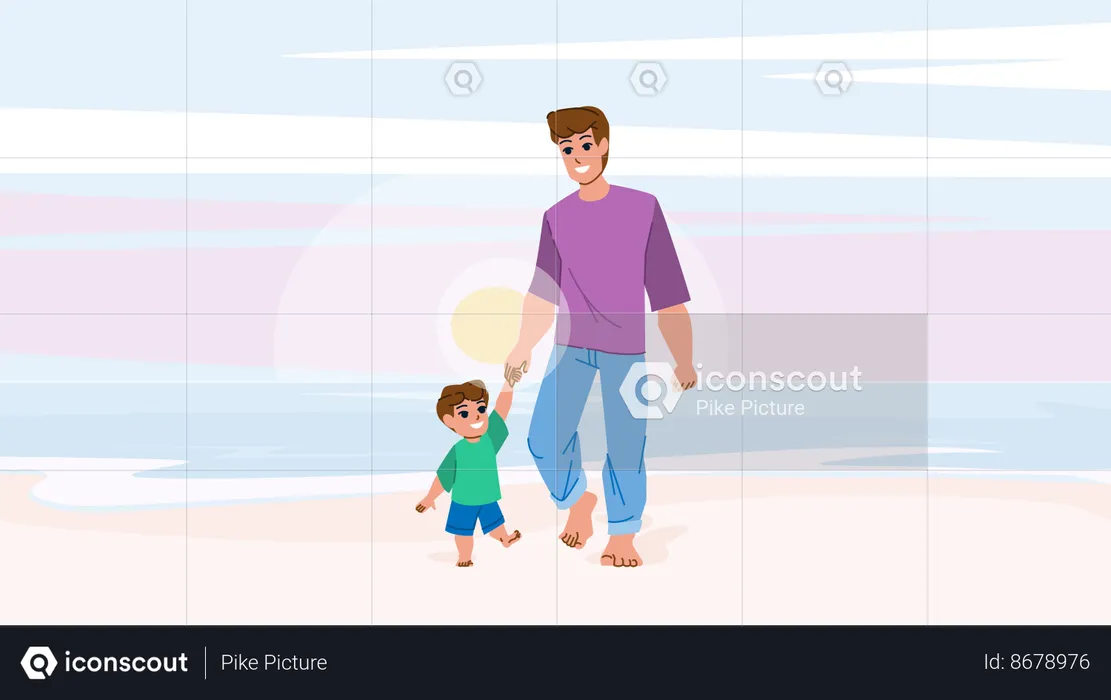 Father and son on beach  Illustration