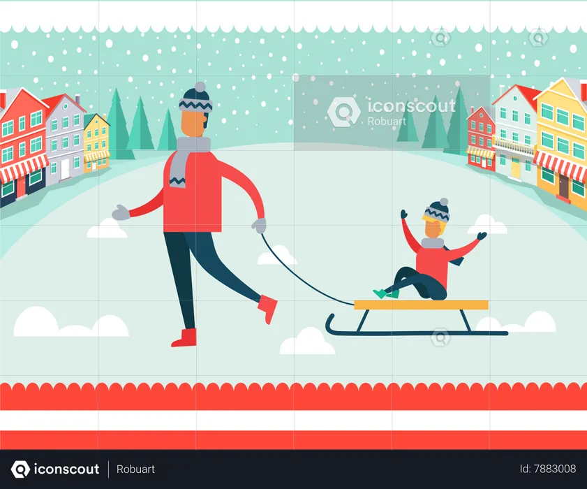 Father and Son on Sled Winter  Illustration