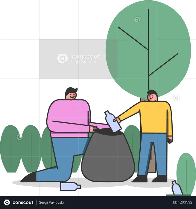 Father And Son Picking Up Plastic Waste In Forest  Illustration