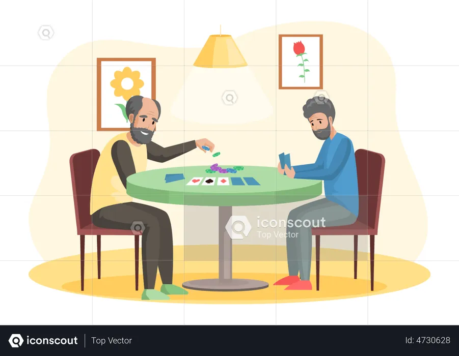 Father and son playing card game  Illustration