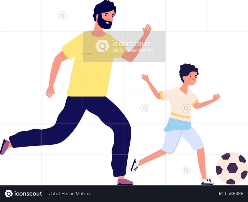 Father and son playing football  Illustration