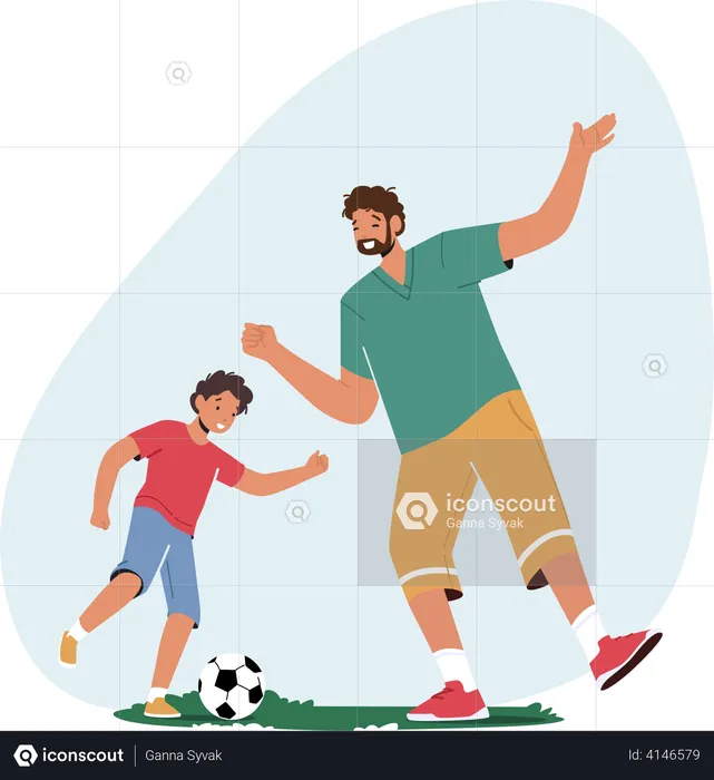 Father and Son Playing Soccerball  Illustration