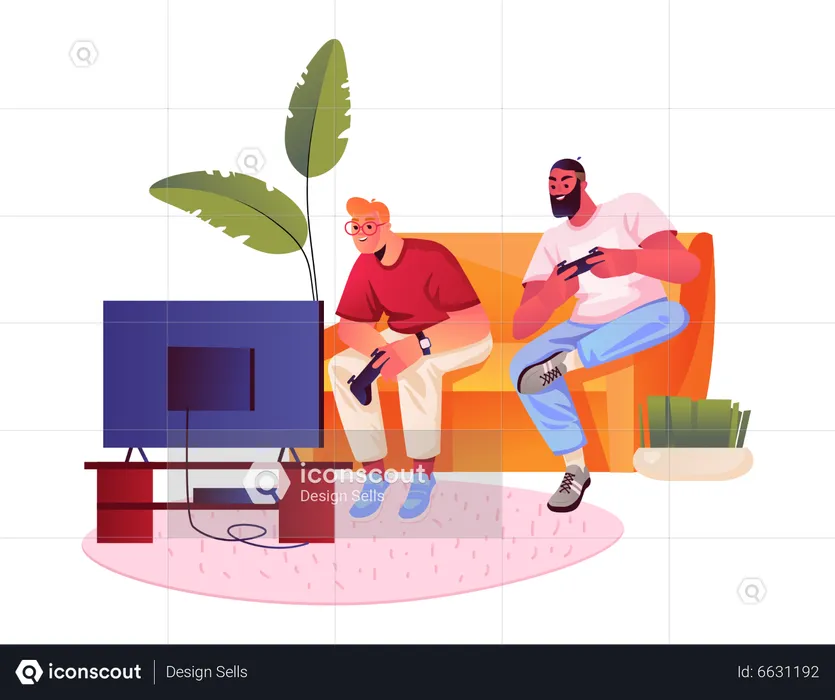 Father and son playing video game together  Illustration