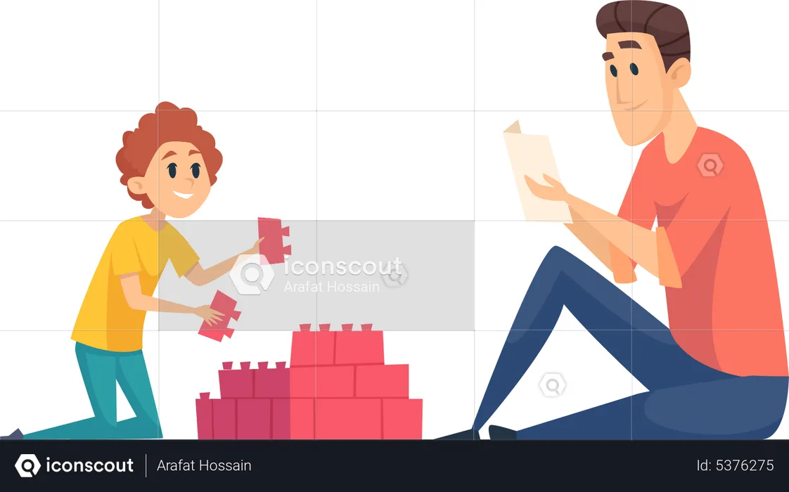 Father and son playing with blocks  Illustration