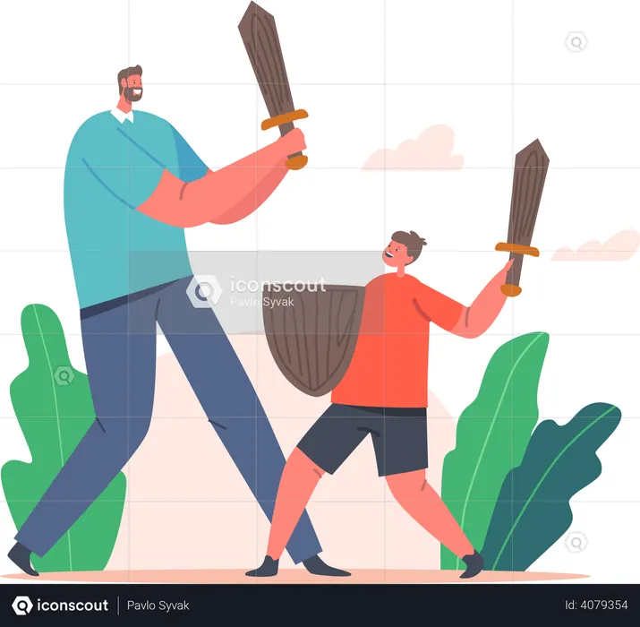 Father and son playing with wooden swords  Illustration