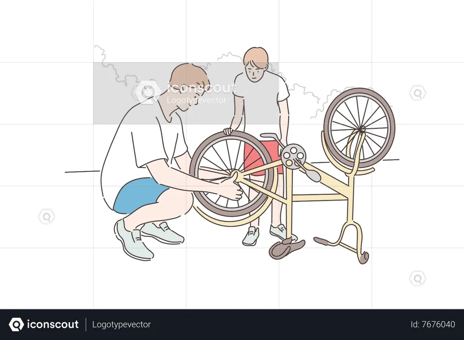 Father and son repairing cycle  Illustration