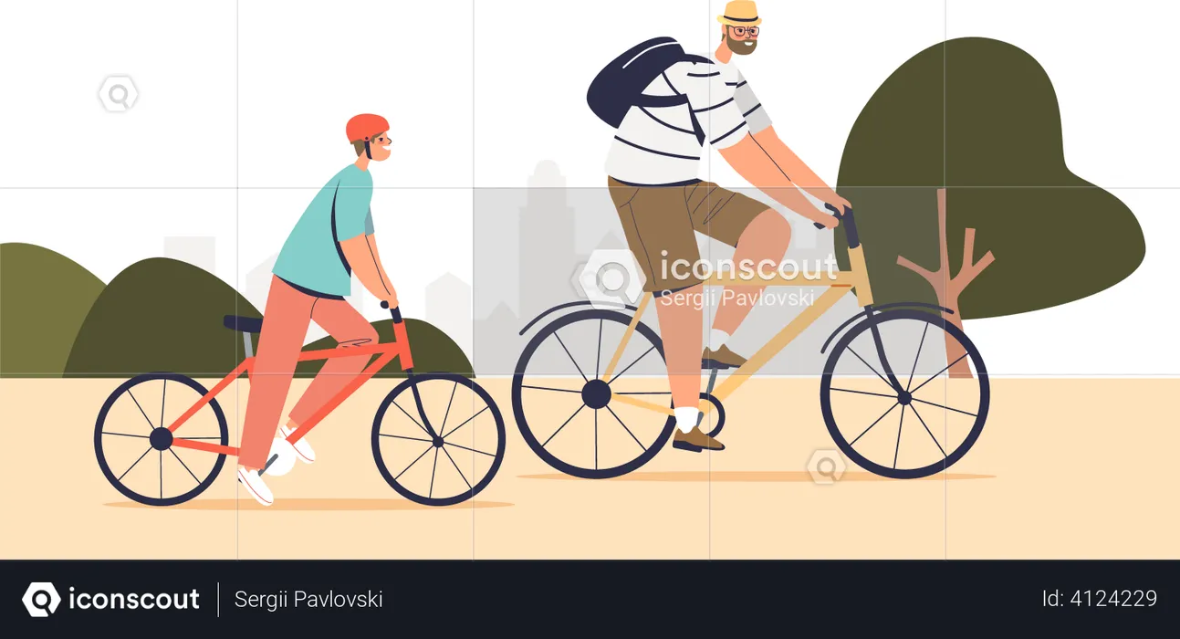Father and son riding bicycle outdoors in park  Illustration