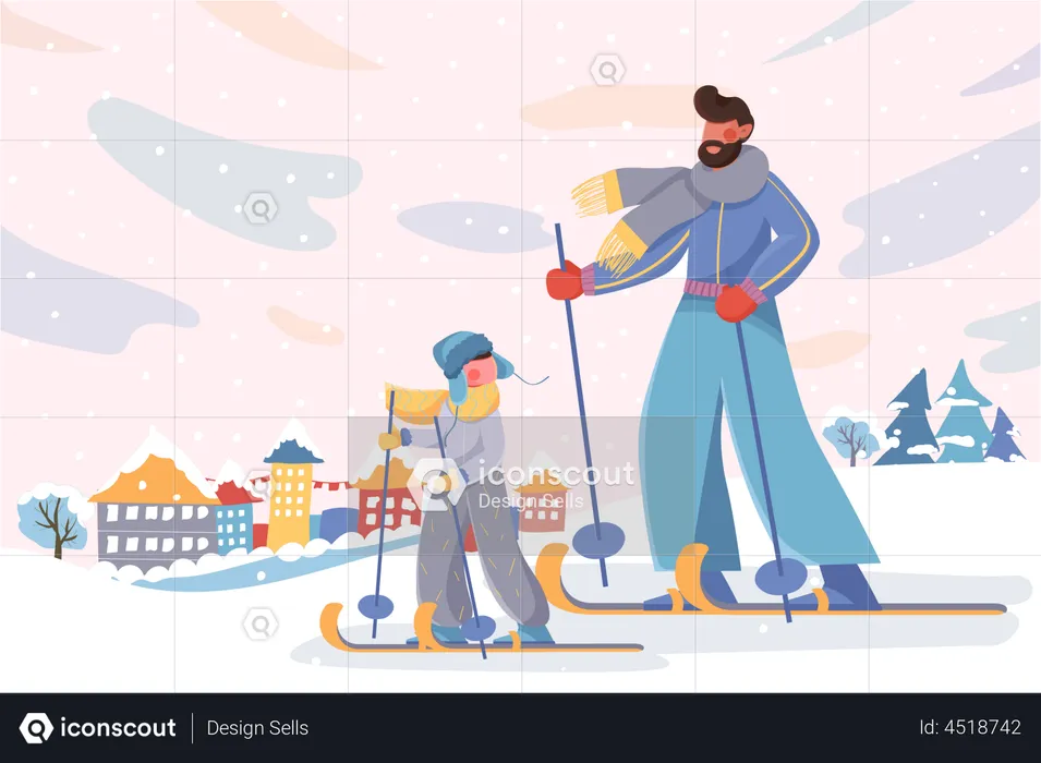 Father and son skiing in snowfall  Illustration