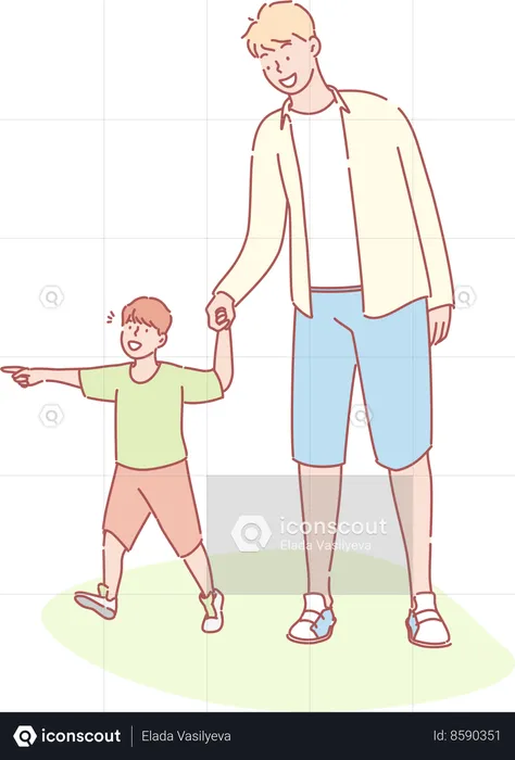 Father and son walking in garden  Illustration