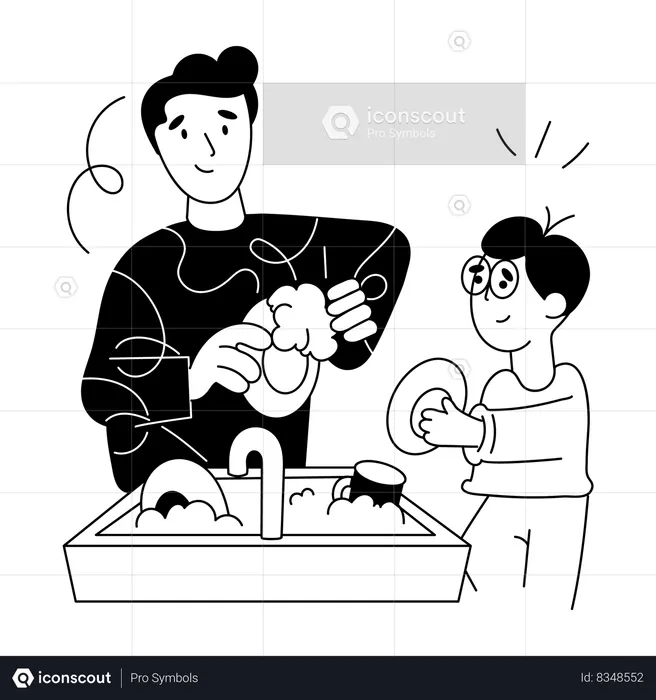 Father and Son Washing Dishes  Illustration