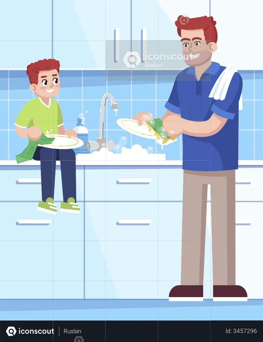 Father and son washing up Dishes together  Illustration