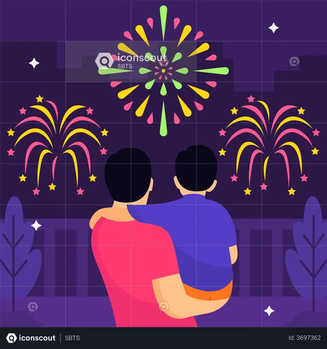 Father and son watching fireworks  Illustration