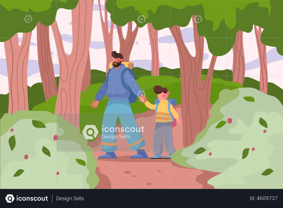 Father and son with backpacks hiking in forest outdoors  Illustration