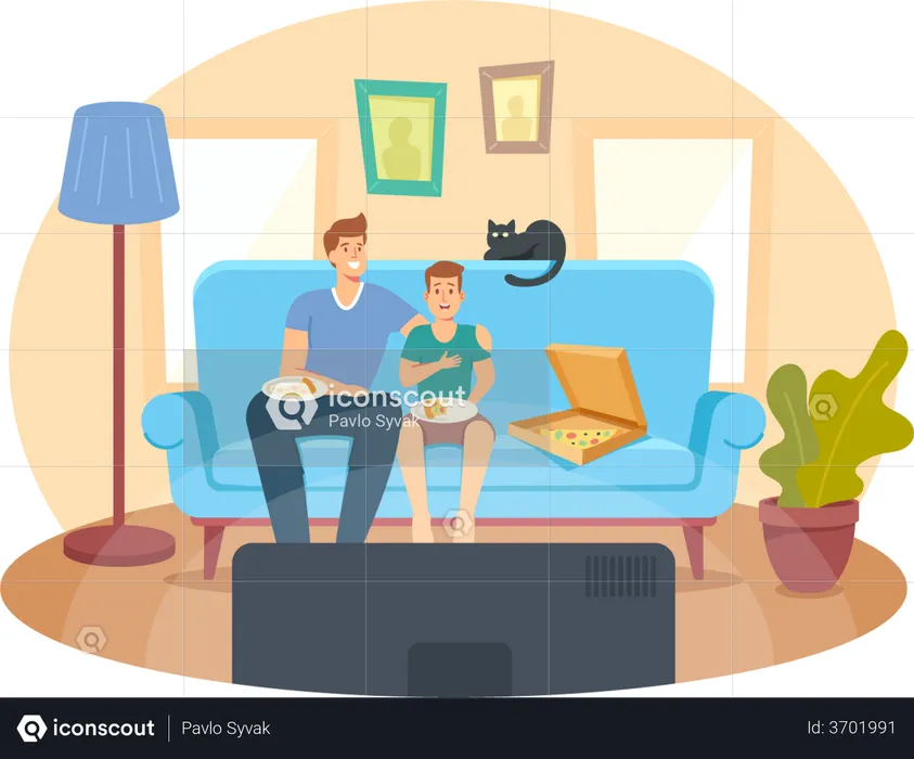 Father and Son with Pizza and Cat Sitting on Sofa Watching Movie  Illustration