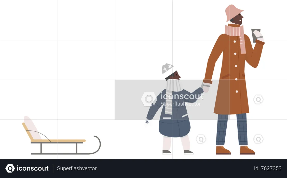 Father and son with sledge  Illustration