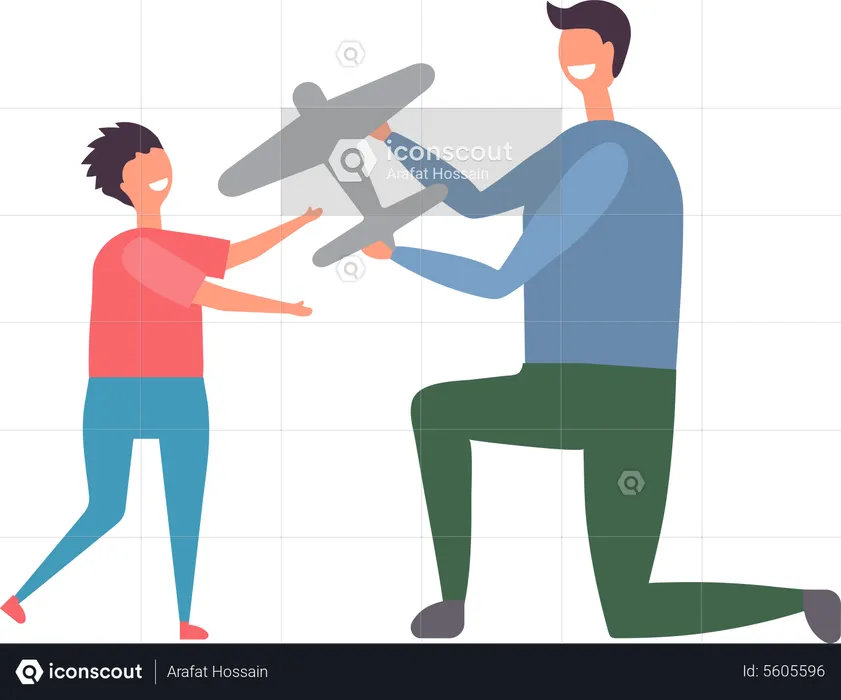 Father and song playing with plane  Illustration