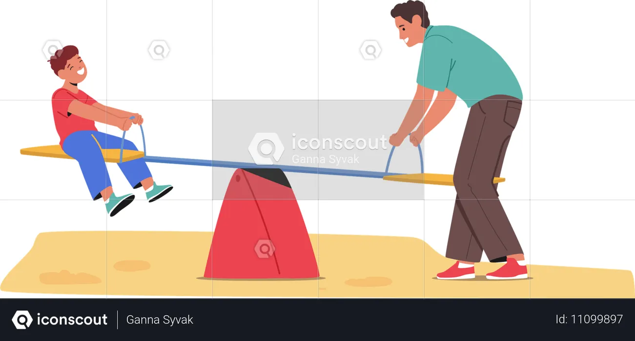 Father And Young Son Having Fun On Seesaw In Playground  Illustration