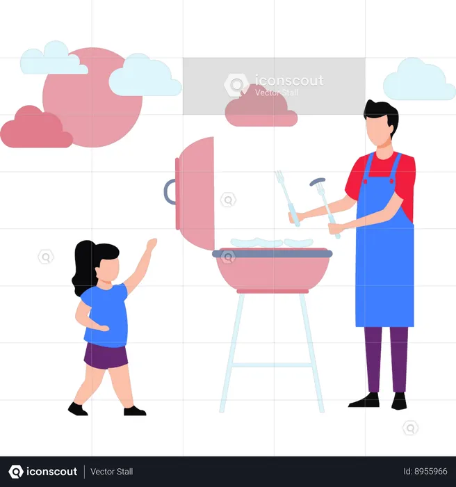 Father Barbecuing In Outdoors  Illustration