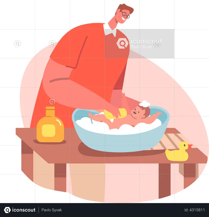 Father bathing child  Illustration