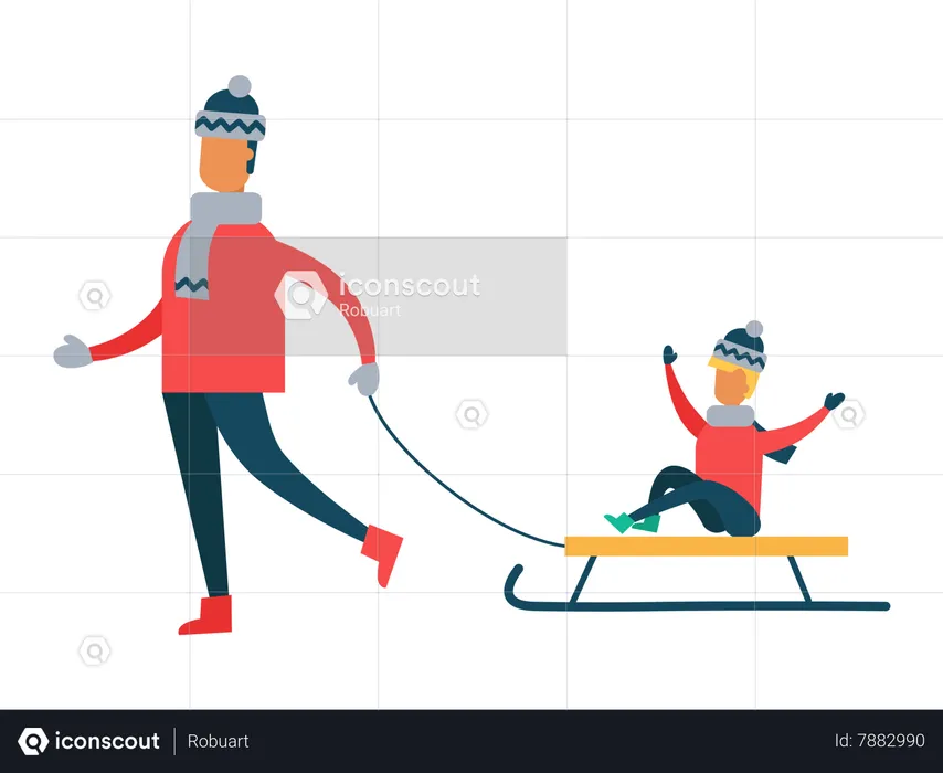 Father Carrying Child on Sleigh Son and Dad  Illustration