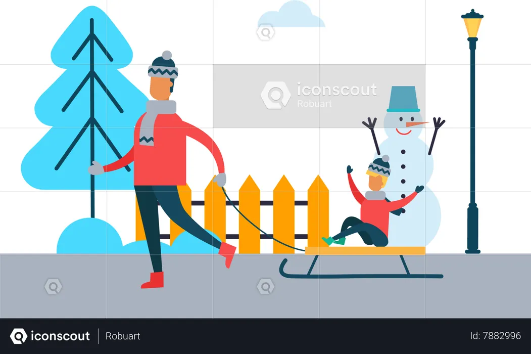 Father Carrying Child on Sleigh Son and Dad  Illustration