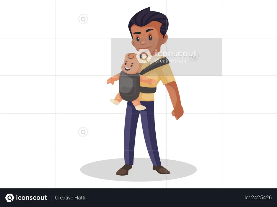 Father carrying kid in baby carry bag  Illustration