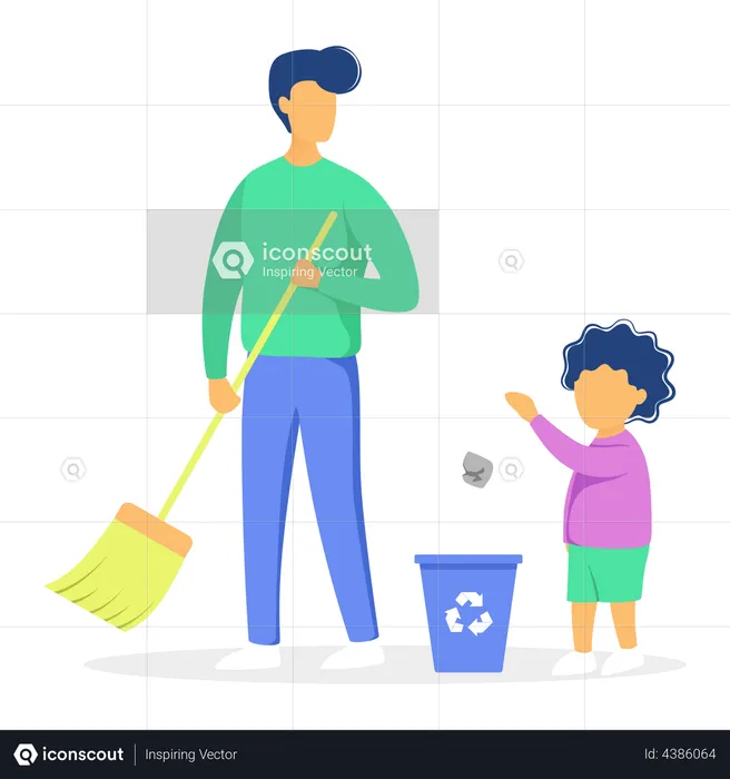 Father cleaning trash with son  Illustration