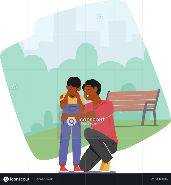 Father comforting crying child at park  Illustration
