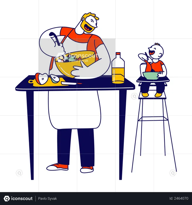 Father cooking meal for son  Illustration