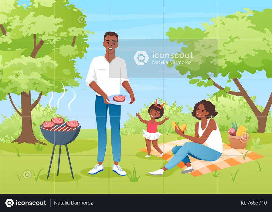 Father cooking steak on BBQ grill  Illustration