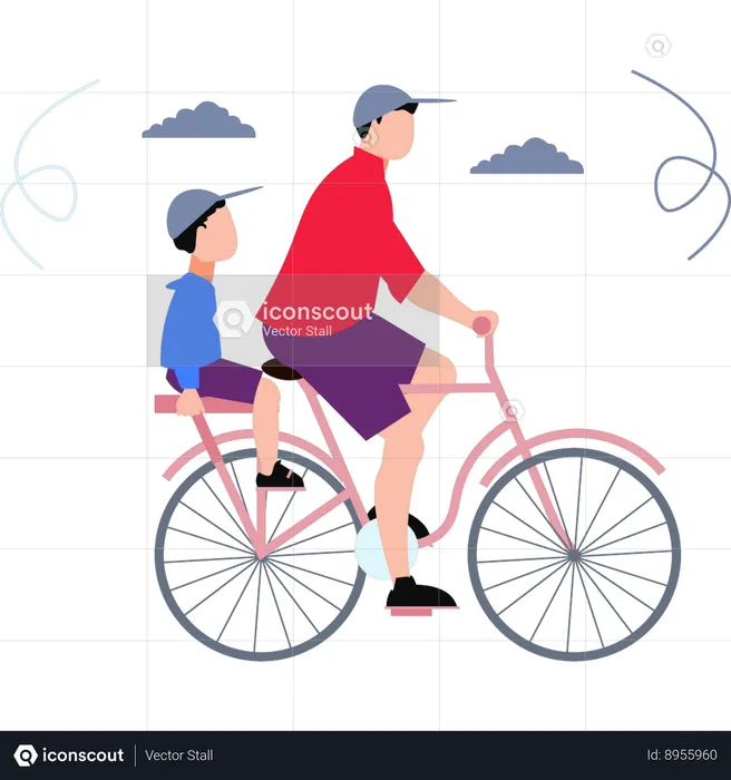 Father Cycling With Child  Illustration