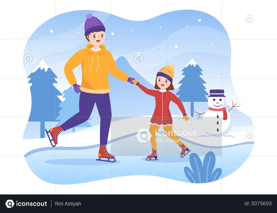 Father do ice skating with daughter  Illustration