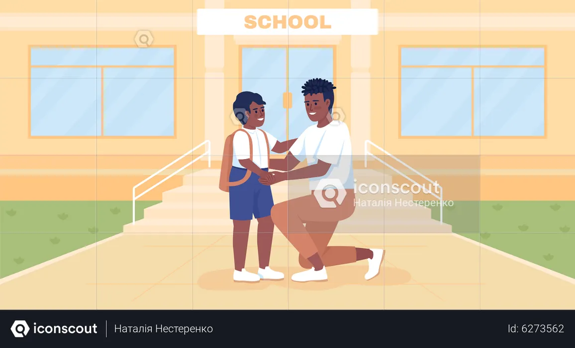 Father encouraging child to go to school  Illustration