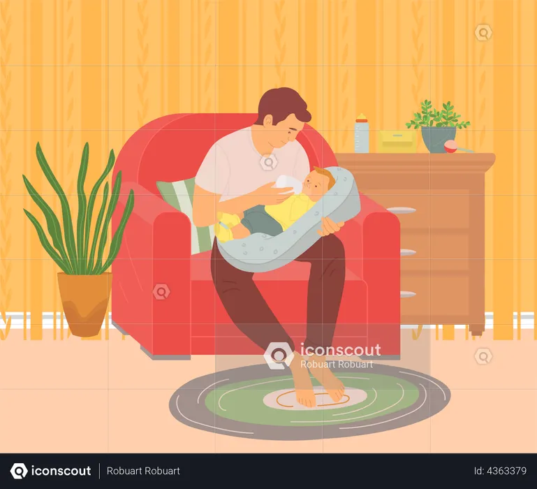 Father feeds baby with milk  Illustration